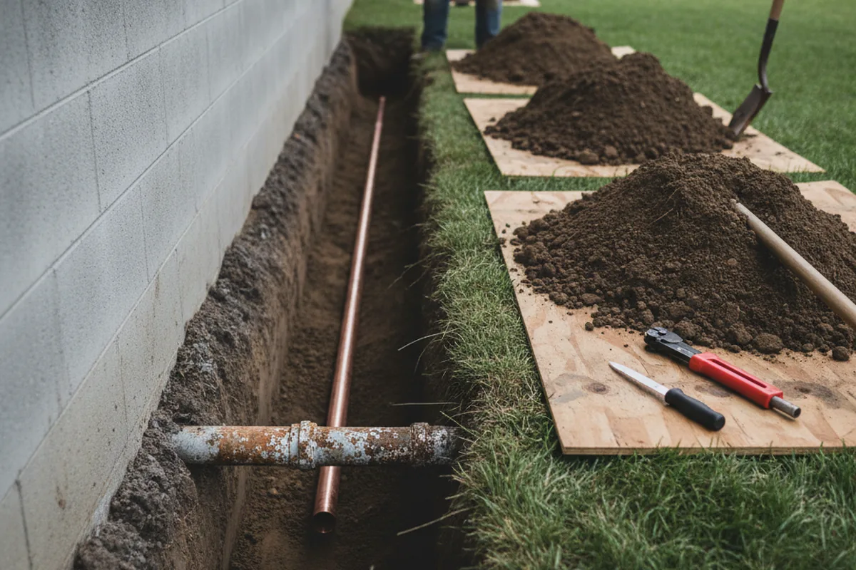Excavated water line trench during Sewer Line Repair in Leawood